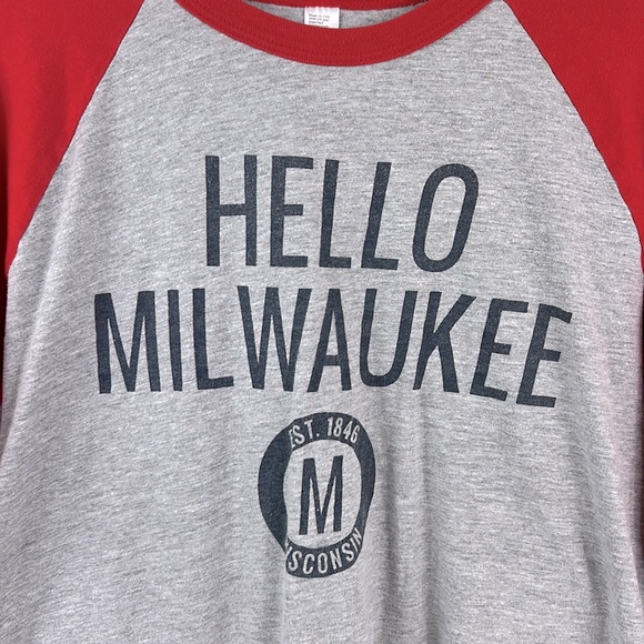 American Apparel Hello Milwaukee Baseball 3/4 Sleeve Tee Red & Gray Size Medium - Picture 2 of 6